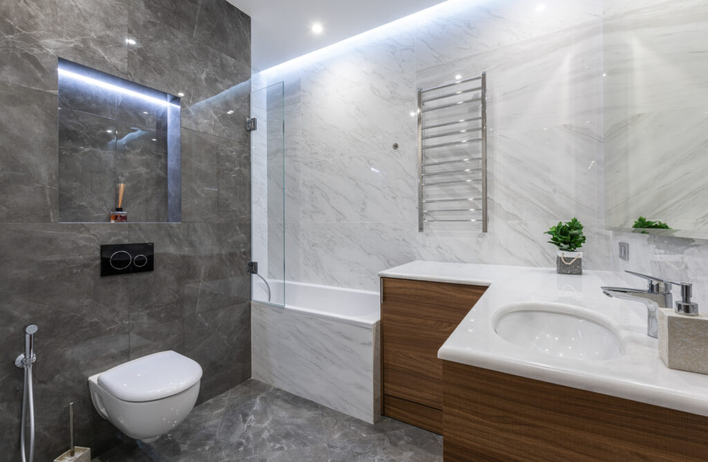 Stylish interior of bathroom in modern apartment